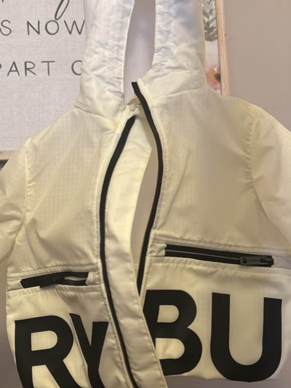Burberry Cream White Hooded Kids Raincoat with Black Logo